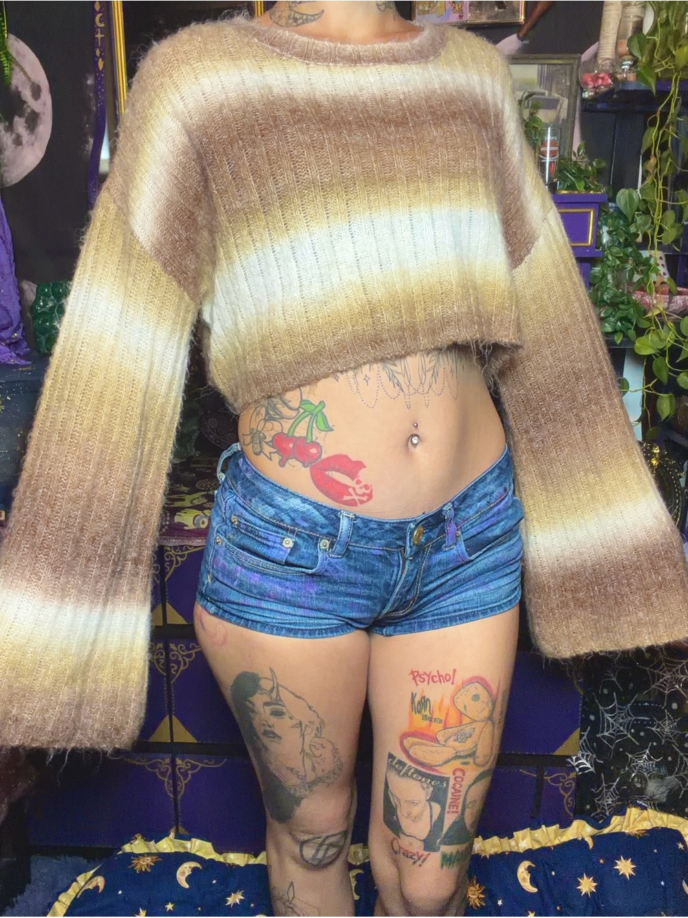 Cider Fizzy Warm Tone Cropped Bell Sleeve Sweater Medium